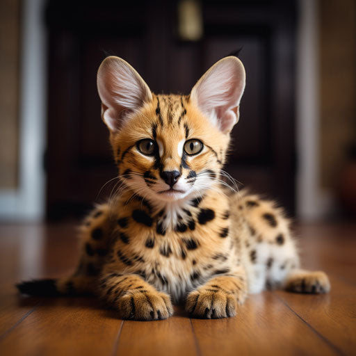 A serval cat lying on a carpet