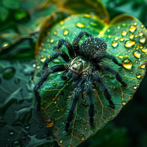 Tarantula on a vibrant green leaf with water droplets, in the style of Vincent Munier