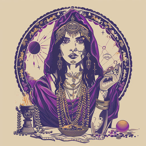 Mystical gypsy tattoo sketch in purple and gold