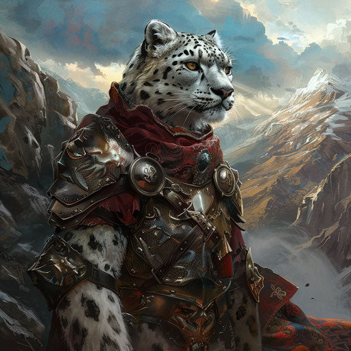 Snow leopard in fantasy armor, protector of a mythical realm hidden in the mountains