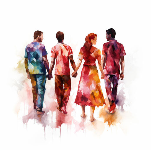Illustration of people holding hands in the style of oil painting, on white background
