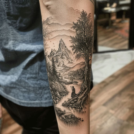 Forearm tattoo with Middle-earth scene