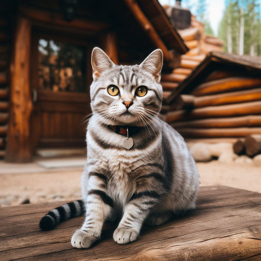 An American cat sitting in front of a log cabin