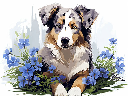 Australian shepherd dog ornaments with blue flowers