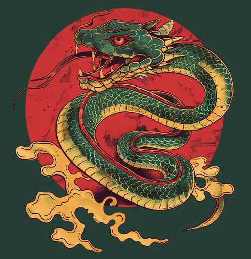 Traditional Asian cobra character, dark green and light crimson style