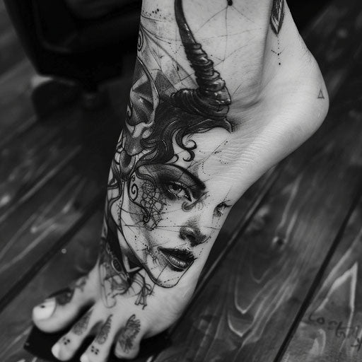 Foot tattoos in the style of Gerald Brom with dark fairies