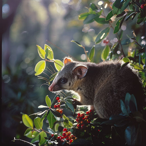 A white-tail possum foraging for berries in a sunlit clearing within a dense forest