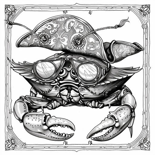 Whimsical crab with pirate hat and eye patch