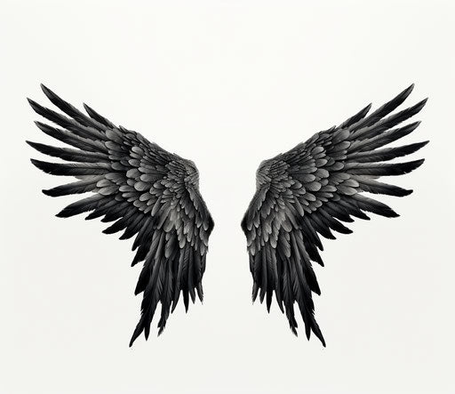 Black and white wings on transparent background, massurrealist style