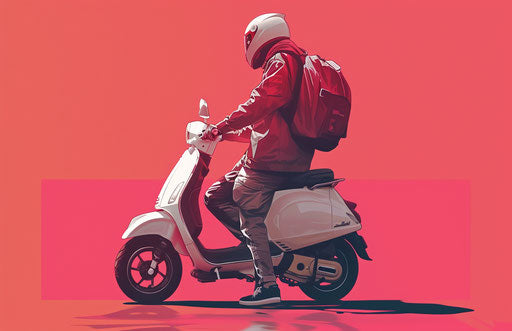 Delivery driver on scooter, light red and light maroon style