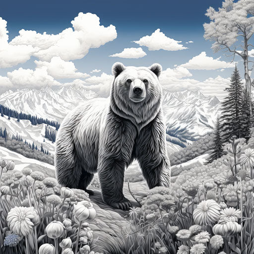 The wild bear in intricate black and white landscapes