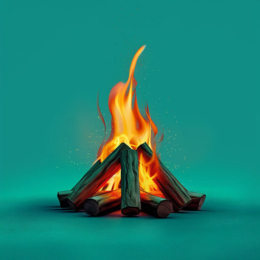 Realistic campfire drawing on flat teal background