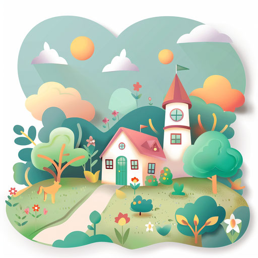 Kindergarten clipart in photorealistic style with flat random background, vintage filter and delicate lines