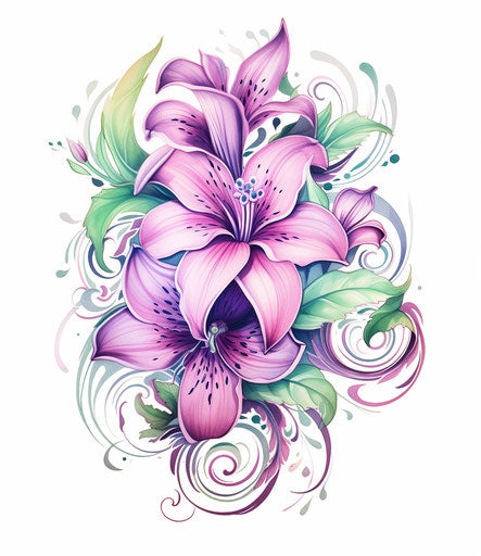 Tattoo design with flowers and vines, light pink and light green style