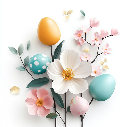 3D Easter Flowers in photo realistic style with flat whi