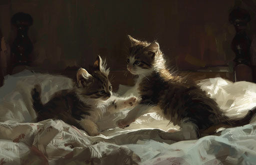 Kittens playing on a bed, in the style of dark brown and white
