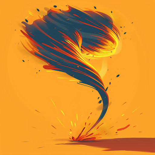 Realistic tornado clip art on flat sunset orange background