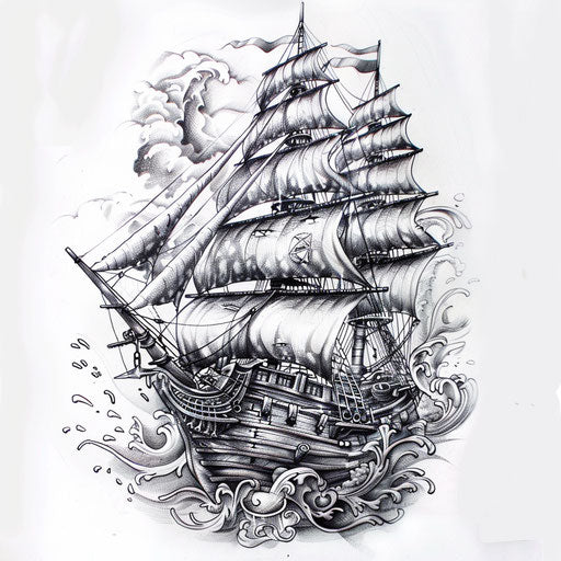 Detailed sketch of a pirate ship with realistic wood texture
