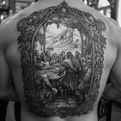 Viking tattoos for men depicting a Viking feast in a grand hall in the style of Peter Jackson