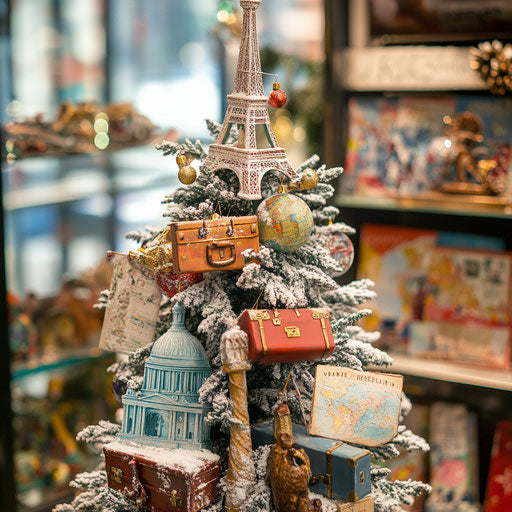 Travel-themed Christmas tree in a travel agency