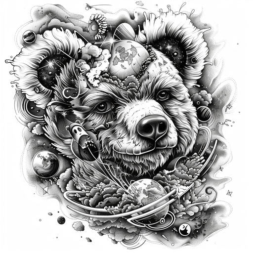 Cosmic and dreamy teddy bear on white background