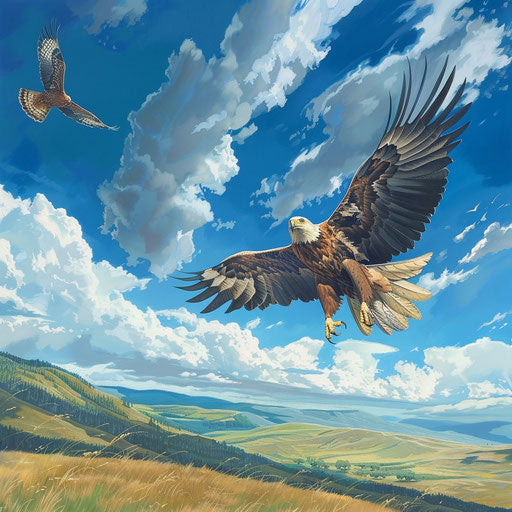 American eagle chasing a hawk in blue sky over green hills