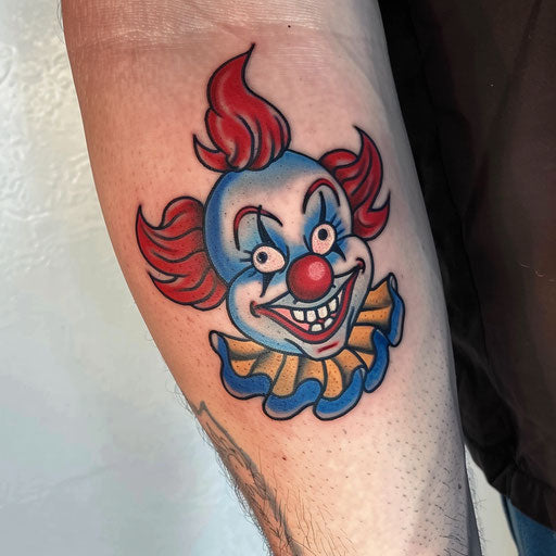 Bright cartoon clown tattoo on white background