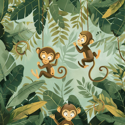 Playful monkeys swinging in lush jungle canopy