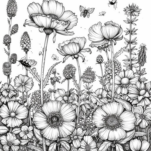 Detailed garden scene with blooming flowers and insects