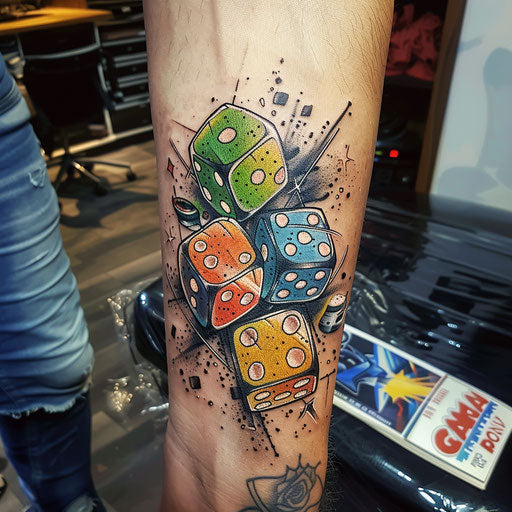 Dice tattoo with superhero themes, style Steve McNiven