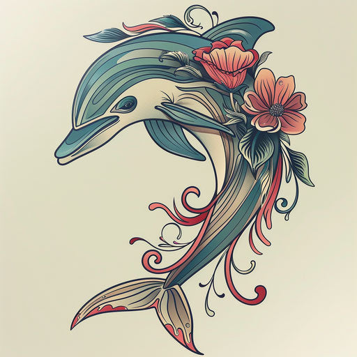 Art Nouveau style dolphin tattoo, flowing lines and floral motifs