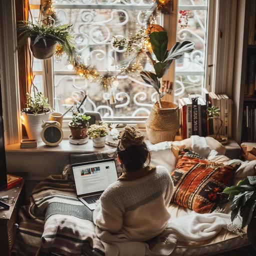 Working on laptop in cozy nook