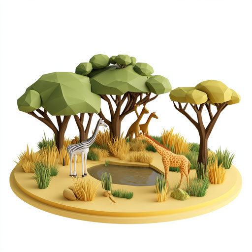 3D Savanna in photo realistic style with a flat white background, isolated clipart