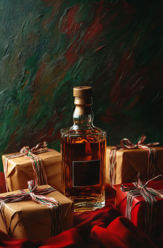 Whisky and gifts against deep red and green background