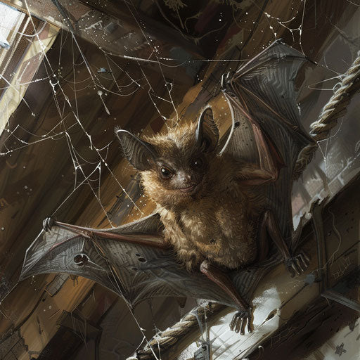 Bat exploring a spiderweb-filled attic for hidden treasures