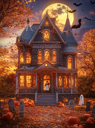 Haunted house with ghostly figures and spooky scene