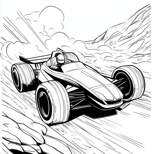 Race car with superhero graphics, Butch Hartman style, coloring book page