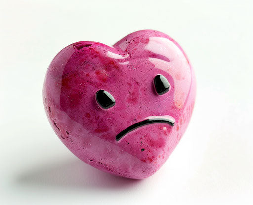 Pink heart with sad face on white background