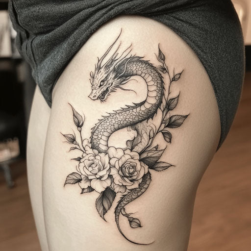 Floral tattoos for women with a dragon entwined with roses