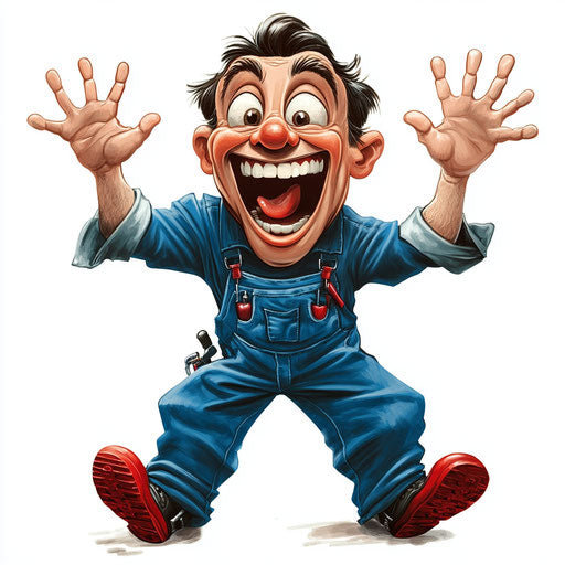 Humorous caricature of a mechanic with exaggerated human characteristics