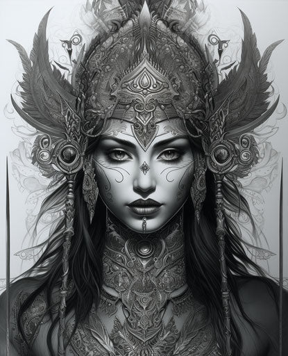 Woman holding spear, detailed pen and ink work, dollcore