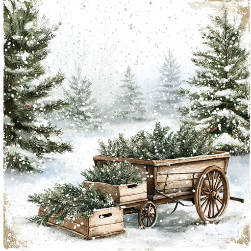 Winter Christmas Scene: old wooden wagon and evergreen branches