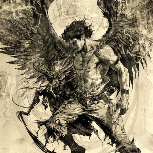 Dynamic sketch of an angel pulling a devil from shadows, high contrast