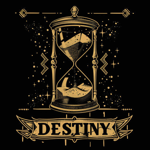 Fate flowing like sand in an hourglass in black and white with gold