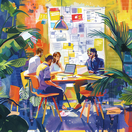 Marketing team crafting campaign in vibrant office