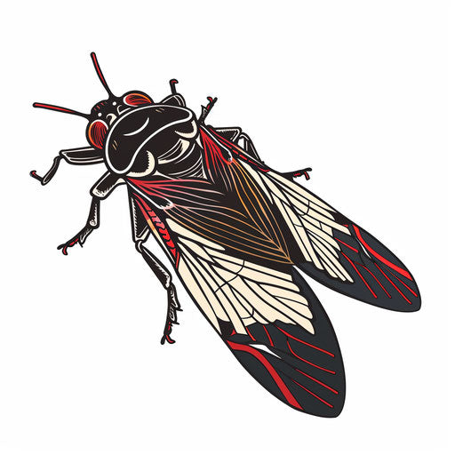 Bold cicada sketch with strong black outlines and flat red accents, clipart design