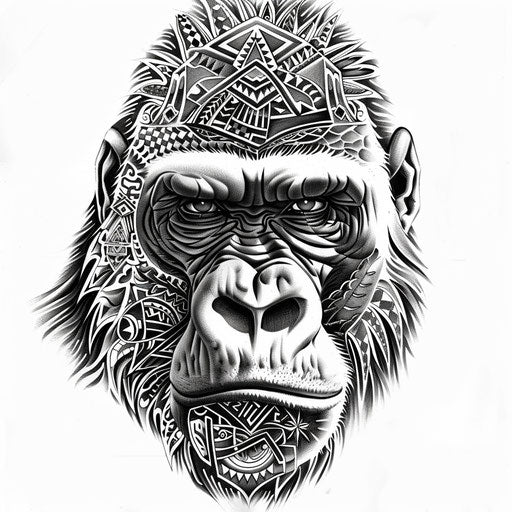 Polynesian style gorilla tattoo design with tribal patterns on clear white background
