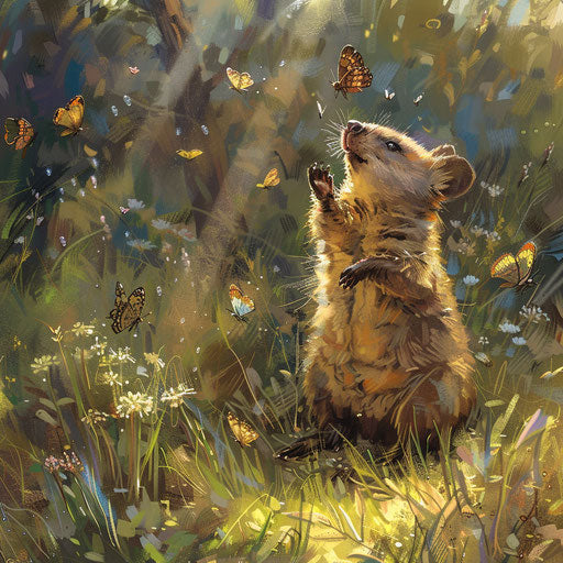 A quokka playfully chasing butterflies in a sun-dappled meadow