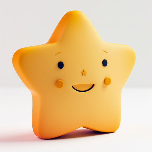 A smiling star on a white background with eyes, cartoon-like style, light yellow and light orange, emotive body language