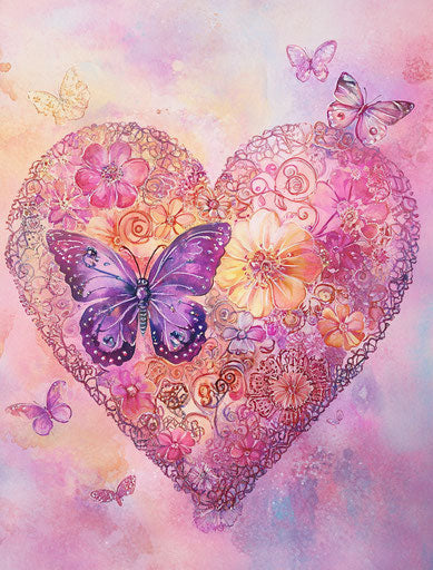 Colorful mandala heart with flowers and butterflies, soft pastel background